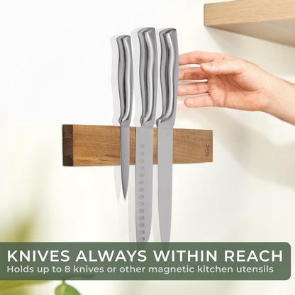 Knife Magnetic Strip (15,7 x 2 in) Mount with Adhesive or Screws - Magnetic Knife Holder for Wall - Magnetic Knife Strip made of Elegant Acacia Wood - Magnetic Knife Holder for Heavy Knifes