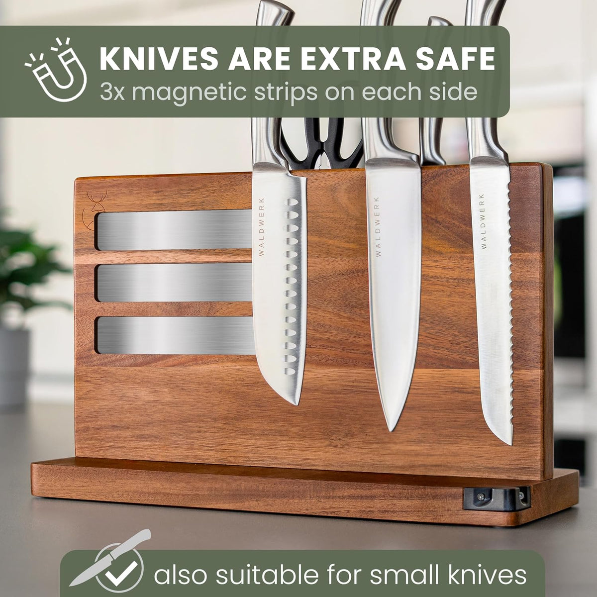 Knife Magnetic Strip (15,7 x 2 in) Mount with Adhesive or Screws - Magnetic Knife Holder for Wall - Magnetic Knife Strip made of Elegant Acacia Wood - Magnetic Knife Holder for Heavy Knifes