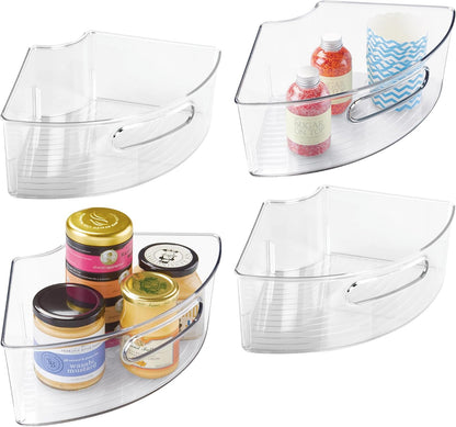 Lazy Susan 1/4 Wedge Bin with Handle for Corner Cabinet, Set of 4, Clear, Made in USA