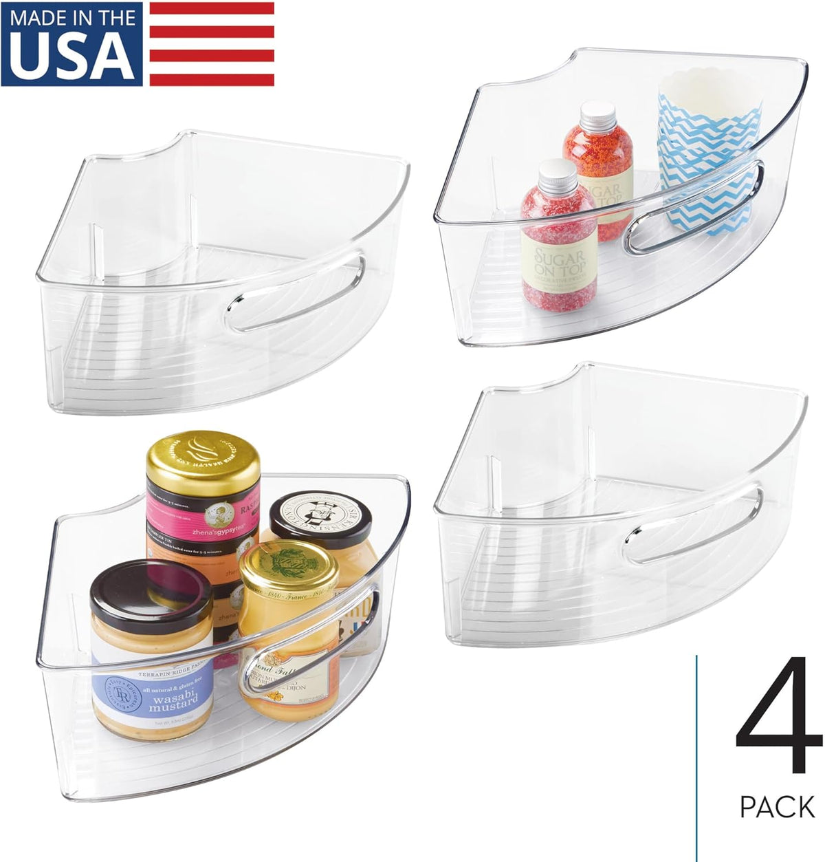 Lazy Susan 1/4 Wedge Bin with Handle for Corner Cabinet, Set of 4, Clear, Made in USA