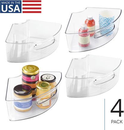 Lazy Susan 1/4 Wedge Bin with Handle for Corner Cabinet, Set of 4, Clear, Made in USA