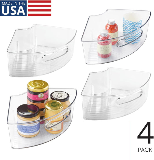 Lazy Susan 1/4 Wedge Bin with Handle for Corner Cabinet, Set of 4, Clear, Made in USA
