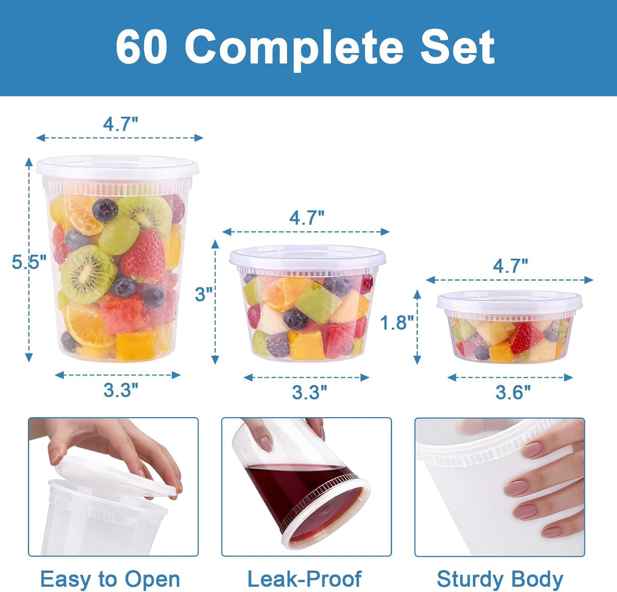 Lamosi 60 Sets Deli Containers With Lids, 8/16/32 oz Quart Containers | BPA Free, Airtight Plastic Food Storage Container, Stackable Leakproof Microwave & Freezer Safe For Soup, Sauce & Leftover