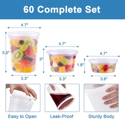 Lamosi 60 Sets Deli Containers With Lids, 8/16/32 oz Quart Containers | BPA Free, Airtight Plastic Food Storage Container, Stackable Leakproof Microwave & Freezer Safe For Soup, Sauce & Leftover