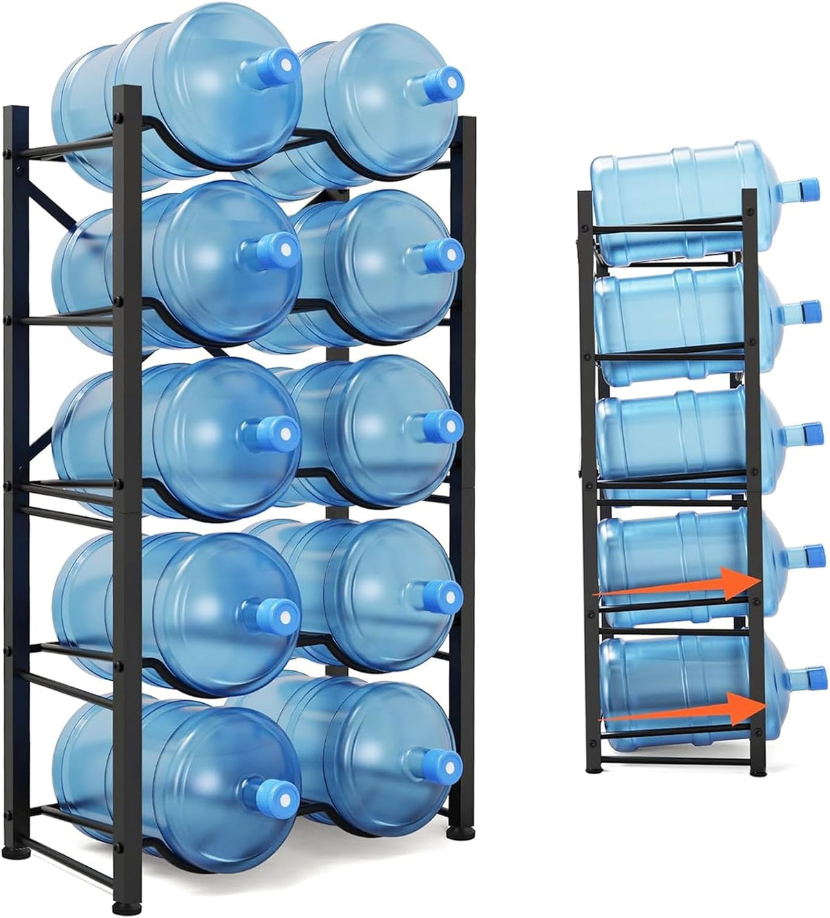 5 Gallon Water Jug Holder for 10 Bottles, 5-Tier Double Row Holds | Detachable, Heavy-Duty, with Reinforcement Frame, for Office, Kitchen, Garages, Restaurant and Gym