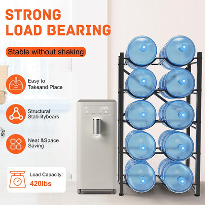 5 Gallon Water Jug Holder for 10 Bottles, 5-Tier Double Row Holds | Detachable, Heavy-Duty, with Reinforcement Frame, for Office, Kitchen, Garages, Restaurant and Gym
