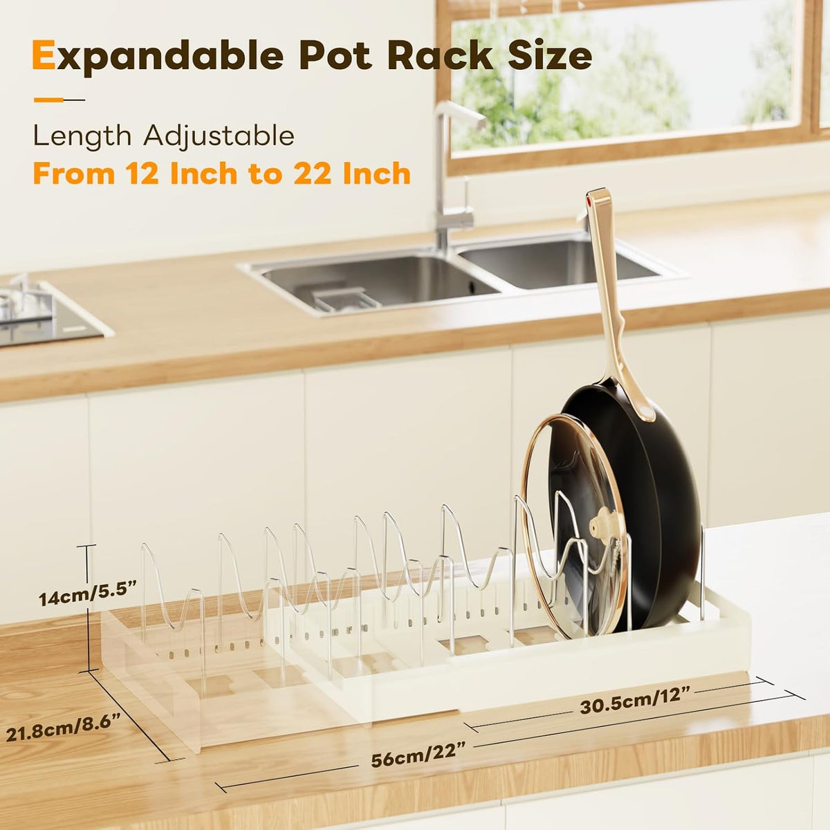 Pots and Pans Organizer Under Cabinet with 10Compartments | Adjustable Pot Lid Holder, Expandable Pan Organizer for Cabinet, Pot Rack for Kitchen Cabinet, Frying Rack, Lid, Cookware