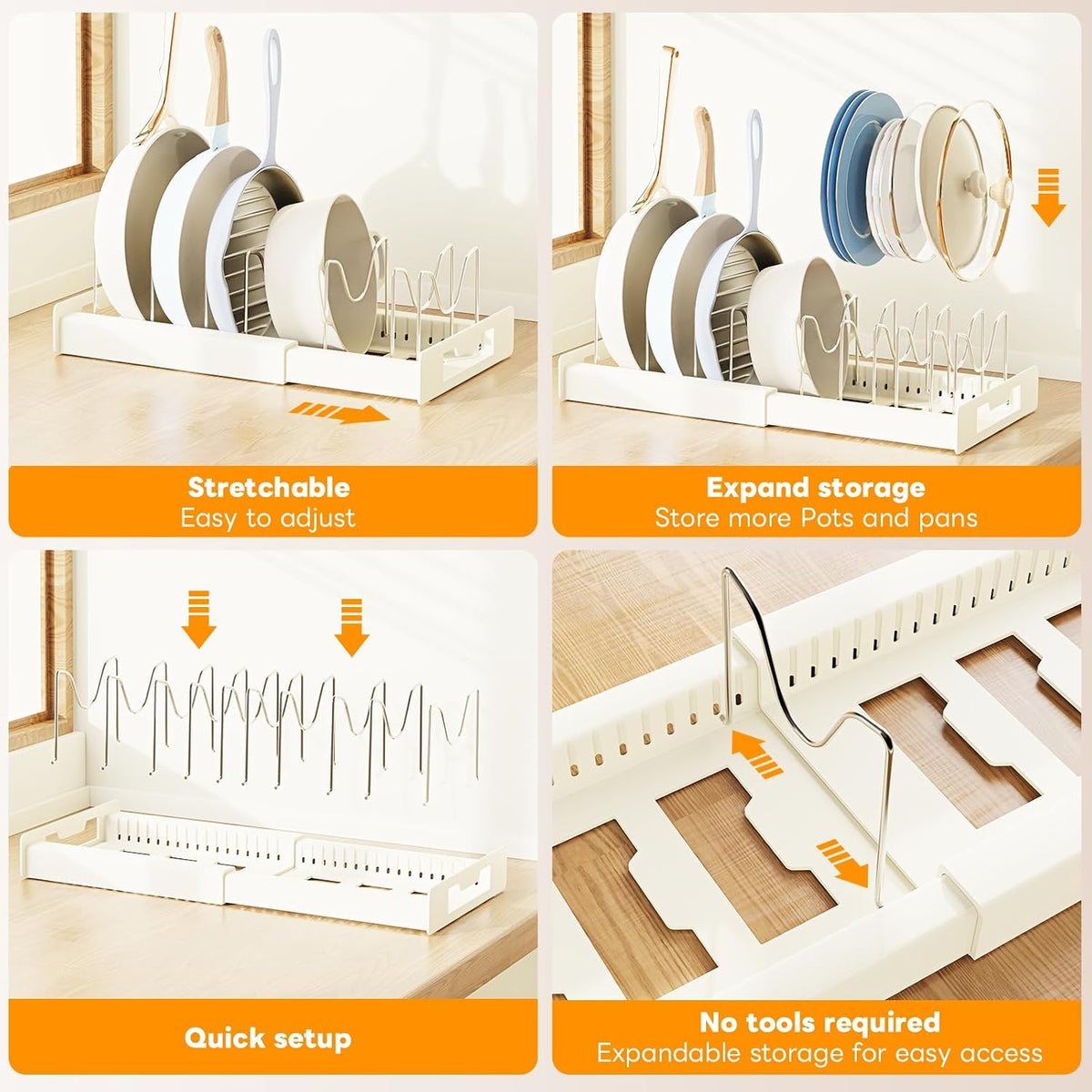 Pots and Pans Organizer Under Cabinet with 10Compartments | Adjustable Pot Lid Holder, Expandable Pan Organizer for Cabinet, Pot Rack for Kitchen Cabinet, Frying Rack, Lid, Cookware