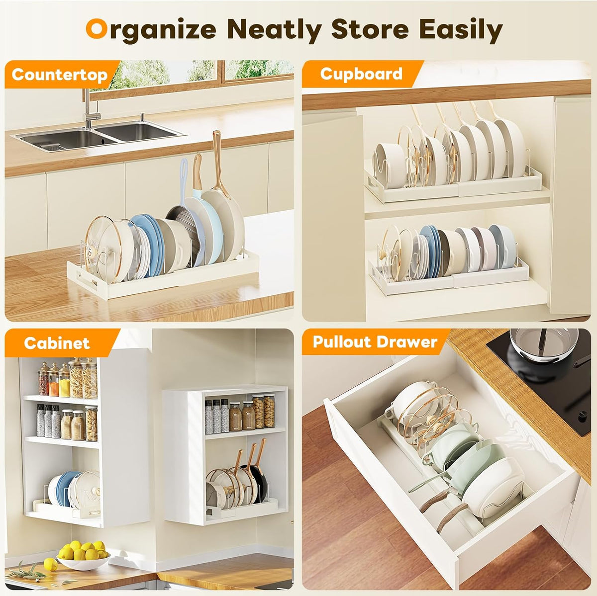 Pots and Pans Organizer Under Cabinet with 10Compartments | Adjustable Pot Lid Holder, Expandable Pan Organizer for Cabinet, Pot Rack for Kitchen Cabinet, Frying Rack, Lid, Cookware