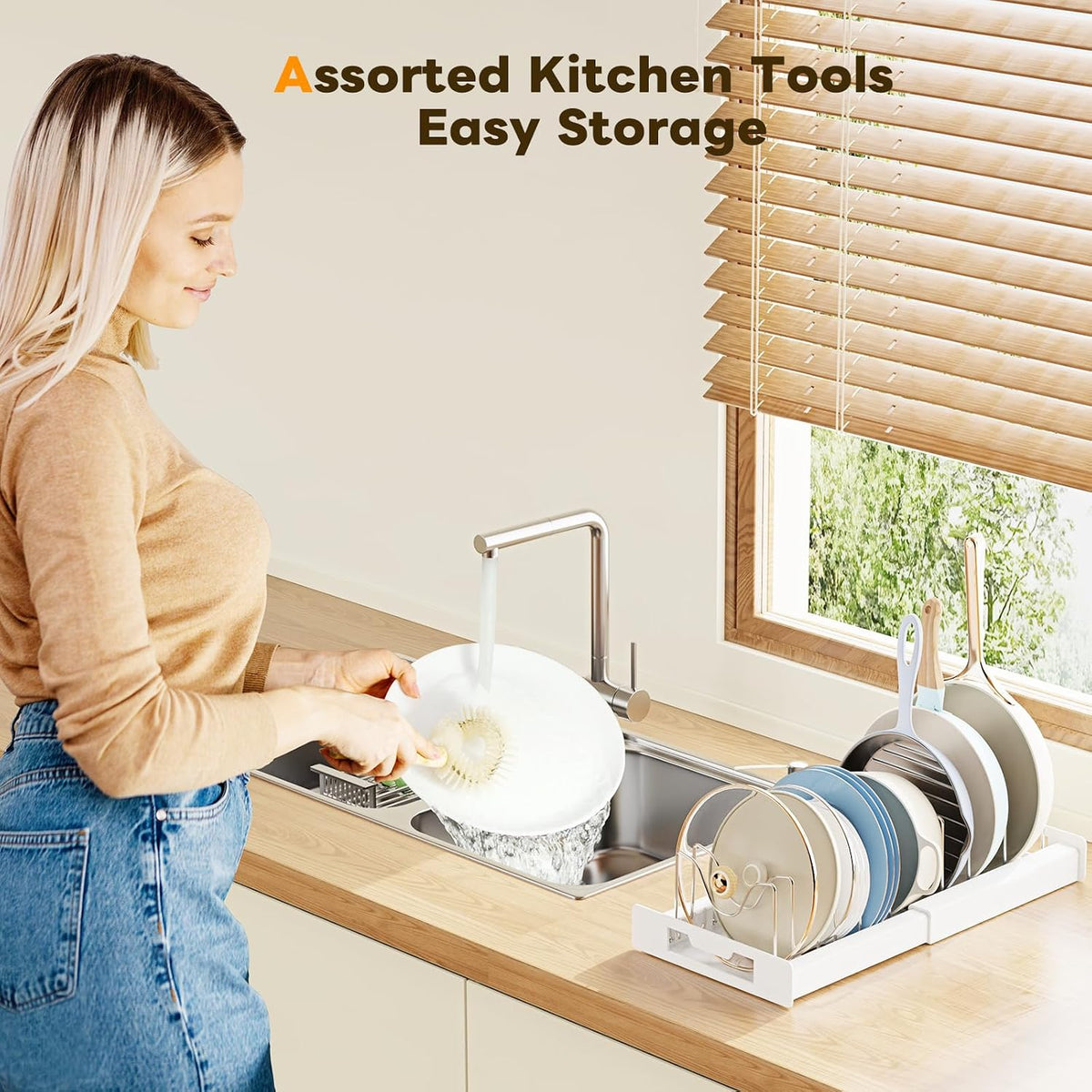 Pots and Pans Organizer Under Cabinet with 10Compartments | Adjustable Pot Lid Holder, Expandable Pan Organizer for Cabinet, Pot Rack for Kitchen Cabinet, Frying Rack, Lid, Cookware