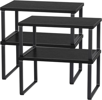 Set of 4 Kitchen Counter Shelves Stackable Shelf Organizer Wood Countertop Shelves Expandable Cabinet Shelf Organizers Countertop Storage Rack for Pantry, Industrial Black