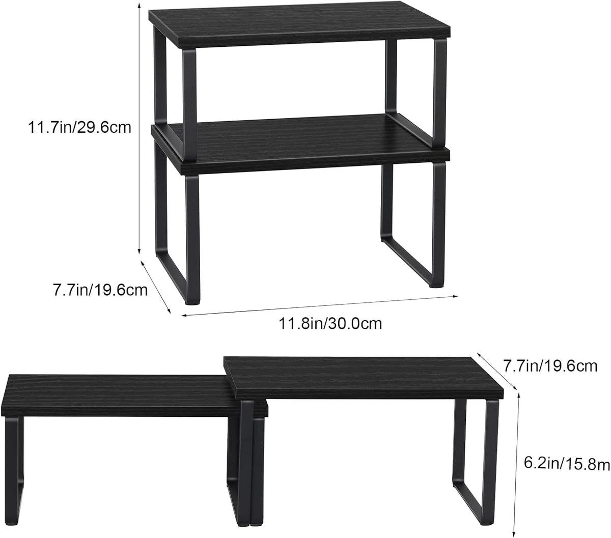 Set of 4 Kitchen Counter Shelves Stackable Shelf Organizer Wood Countertop Shelves Expandable Cabinet Shelf Organizers Countertop Storage Rack for Pantry, Industrial Black