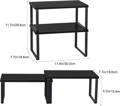 Set of 4 Kitchen Counter Shelves Stackable Shelf Organizer Wood Countertop Shelves Expandable Cabinet Shelf Organizers Countertop Storage Rack for Pantry, Industrial Black