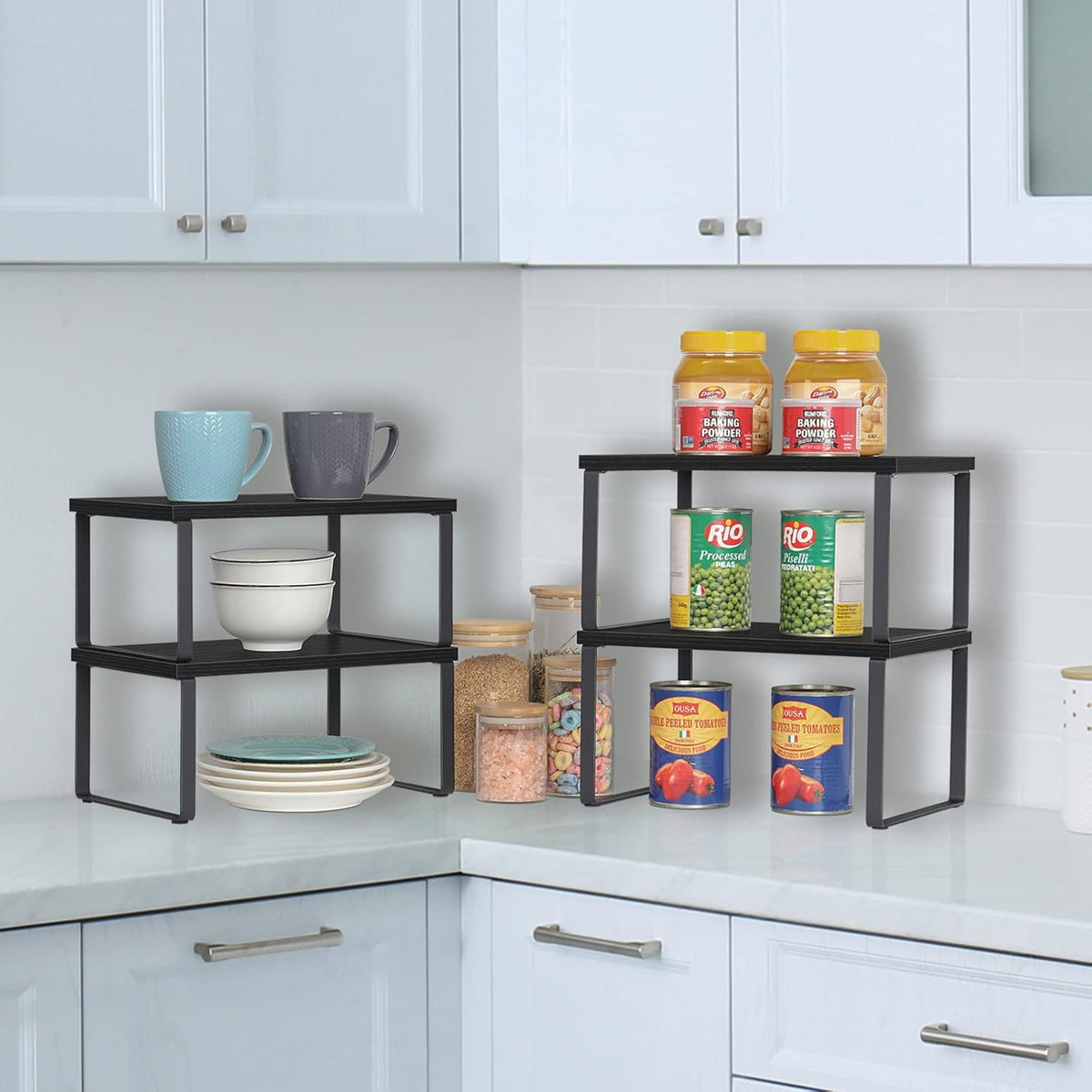 Set of 4 Kitchen Counter Shelves Stackable Shelf Organizer Wood Countertop Shelves Expandable Cabinet Shelf Organizers Countertop Storage Rack for Pantry, Industrial Black