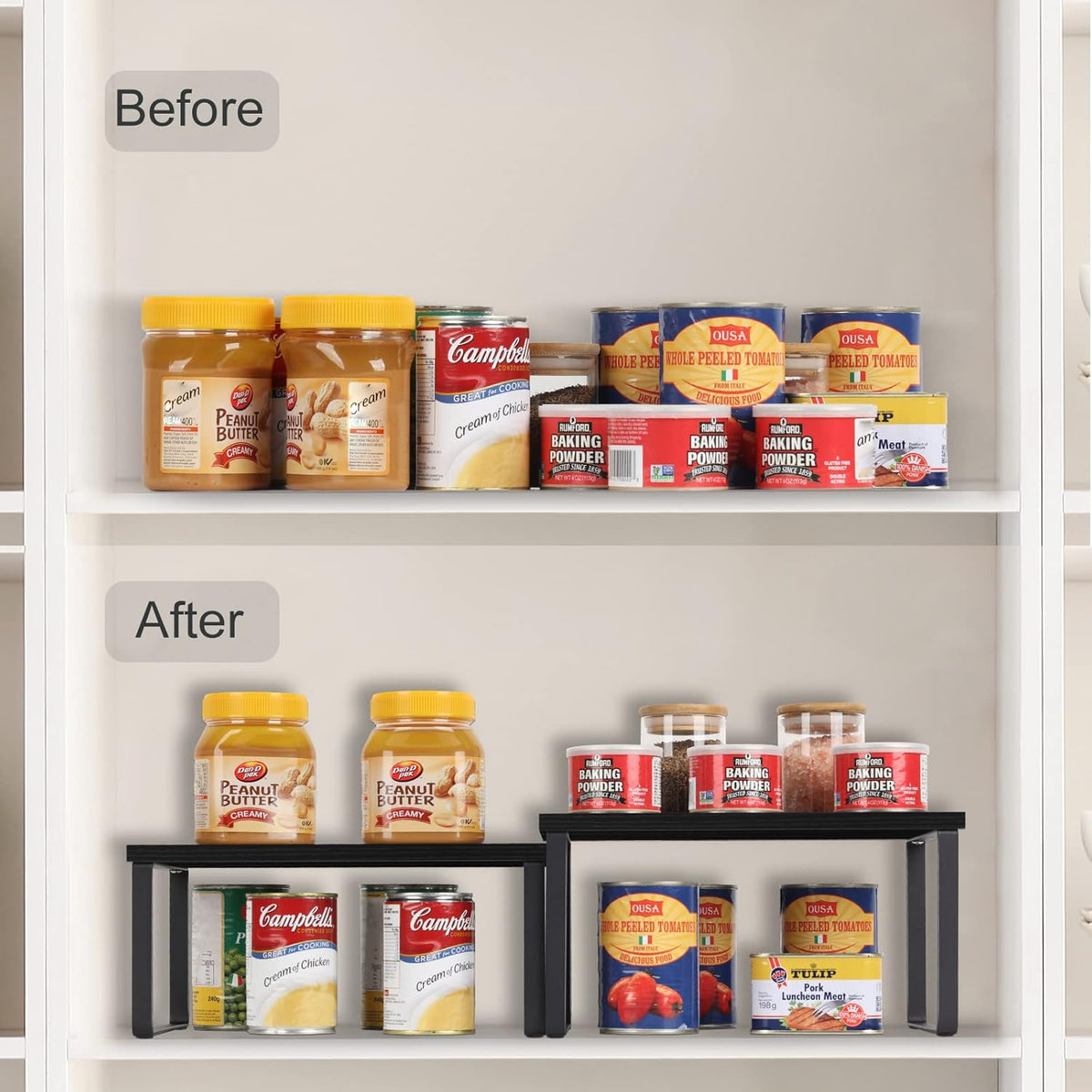 Set of 4 Kitchen Counter Shelves Stackable Shelf Organizer Wood Countertop Shelves Expandable Cabinet Shelf Organizers Countertop Storage Rack for Pantry, Industrial Black