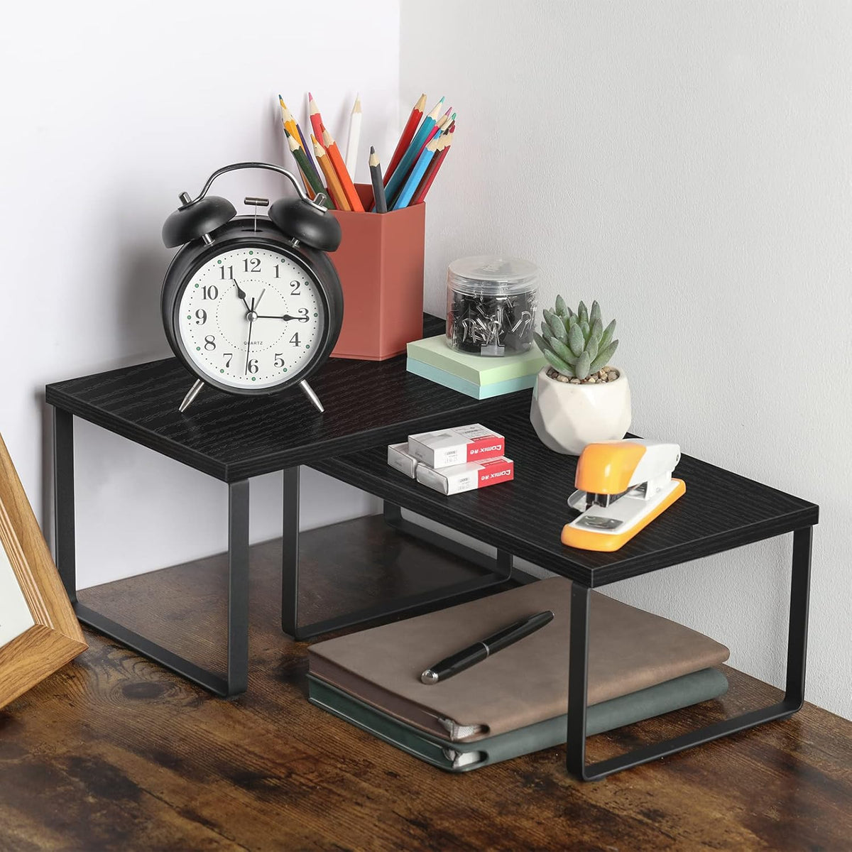 Set of 4 Kitchen Counter Shelves Stackable Shelf Organizer Wood Countertop Shelves Expandable Cabinet Shelf Organizers Countertop Storage Rack for Pantry, Industrial Black