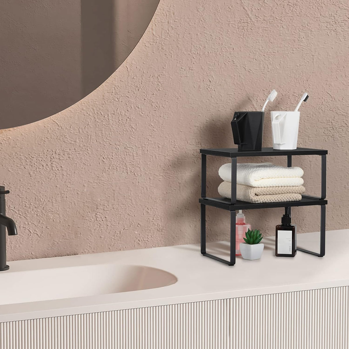 Set of 4 Kitchen Counter Shelves Stackable Shelf Organizer Wood Countertop Shelves Expandable Cabinet Shelf Organizers Countertop Storage Rack for Pantry, Industrial Black