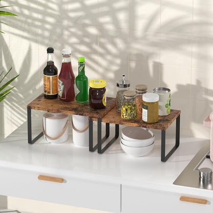 Set of 4 Kitchen Counter Shelves Stackable Shelf Organizer Wood Countertop Shelves Expandable Cabinet Shelf Organizers Countertop Storage Rack for Pantry, Industrial Black