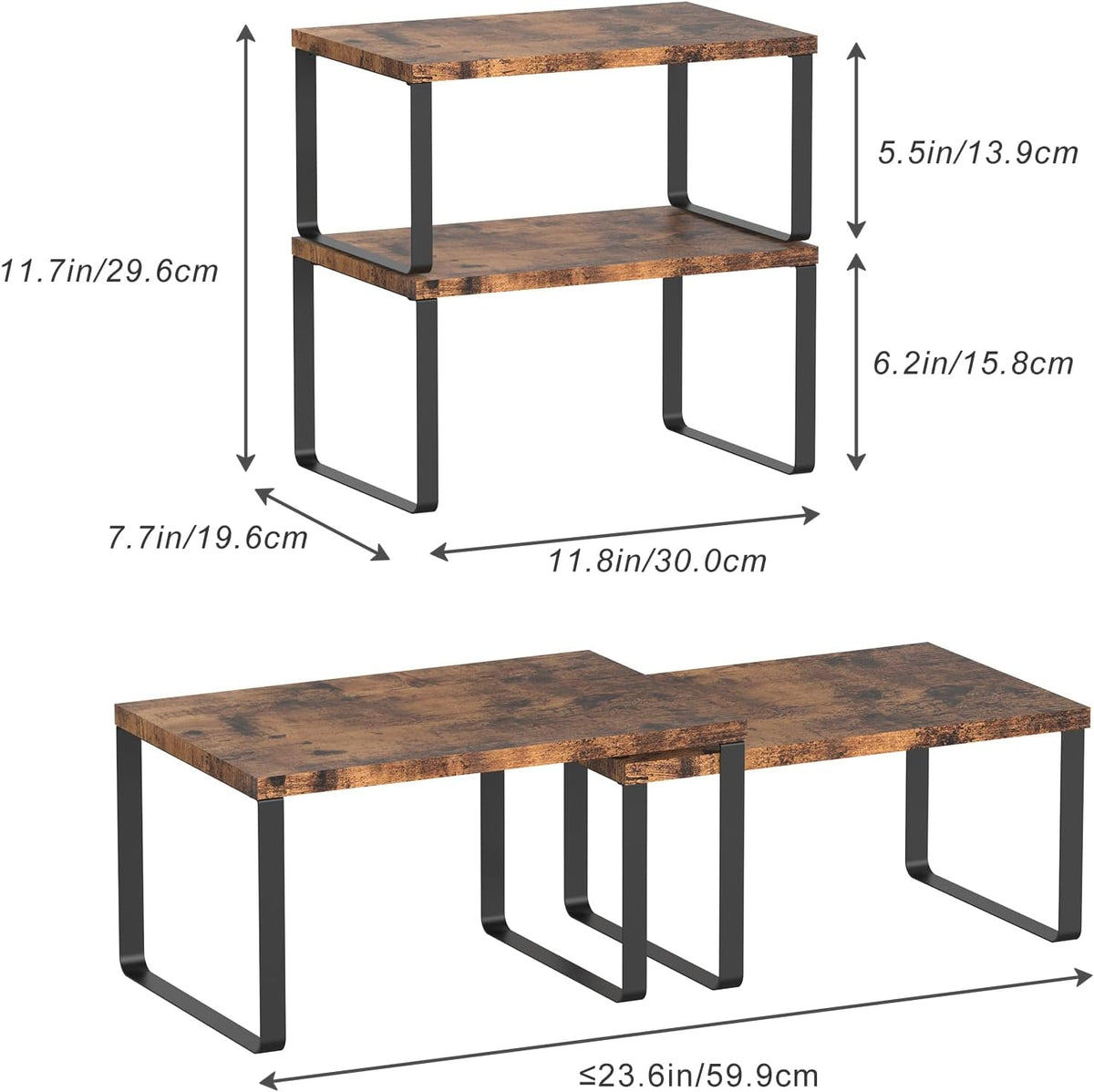 Set of 4 Kitchen Counter Shelves Stackable Shelf Organizer Wood Countertop Shelves Expandable Cabinet Shelf Organizers Countertop Storage Rack for Pantry, Industrial Black