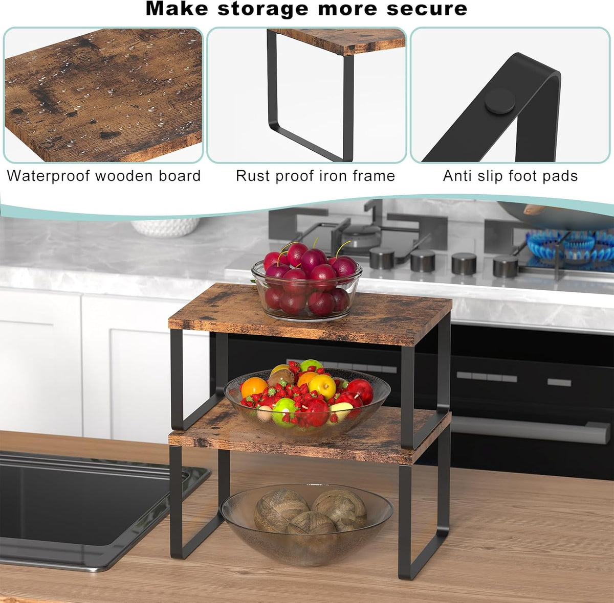 Set of 4 Kitchen Counter Shelves Stackable Shelf Organizer Wood Countertop Shelves Expandable Cabinet Shelf Organizers Countertop Storage Rack for Pantry, Industrial Black