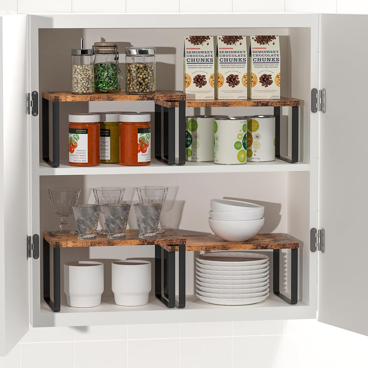 Set of 4 Kitchen Counter Shelves Stackable Shelf Organizer Wood Countertop Shelves Expandable Cabinet Shelf Organizers Countertop Storage Rack for Pantry, Industrial Black