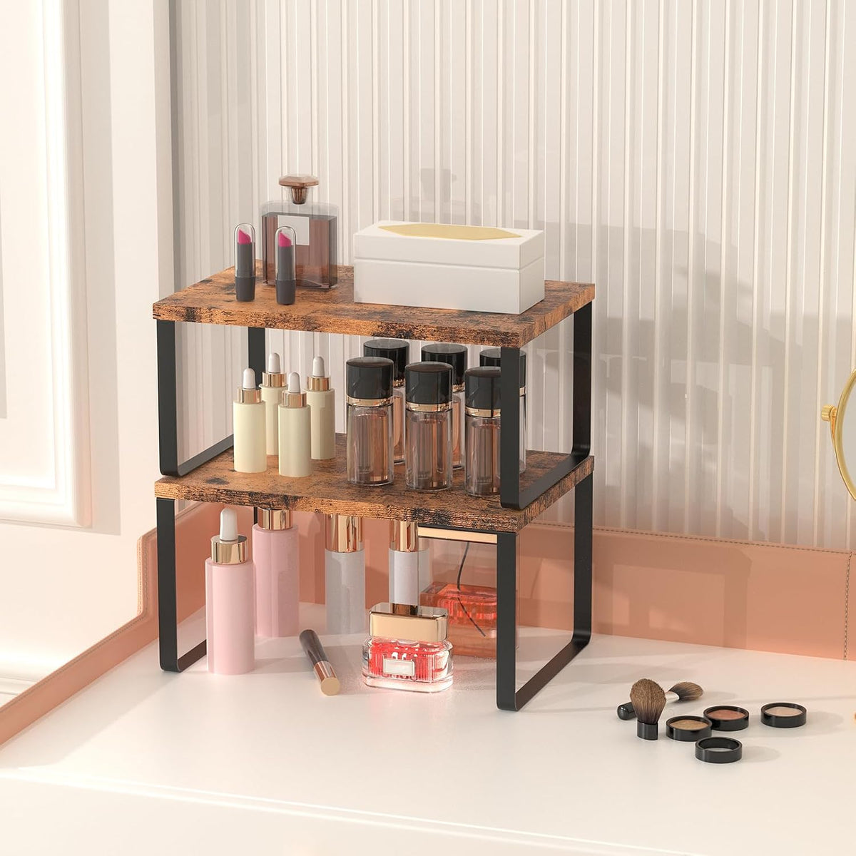 Set of 4 Kitchen Counter Shelves Stackable Shelf Organizer Wood Countertop Shelves Expandable Cabinet Shelf Organizers Countertop Storage Rack for Pantry, Industrial Black