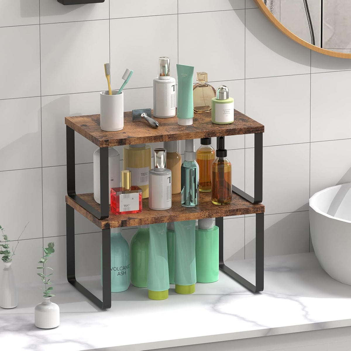 Set of 4 Kitchen Counter Shelves Stackable Shelf Organizer Wood Countertop Shelves Expandable Cabinet Shelf Organizers Countertop Storage Rack for Pantry, Industrial Black