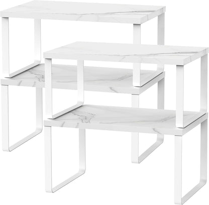 Set of 4 Kitchen Counter Shelves Stackable Shelf Organizer Wood Countertop Shelves Expandable Cabinet Shelf Organizers Countertop Storage Rack for Pantry, Industrial Black