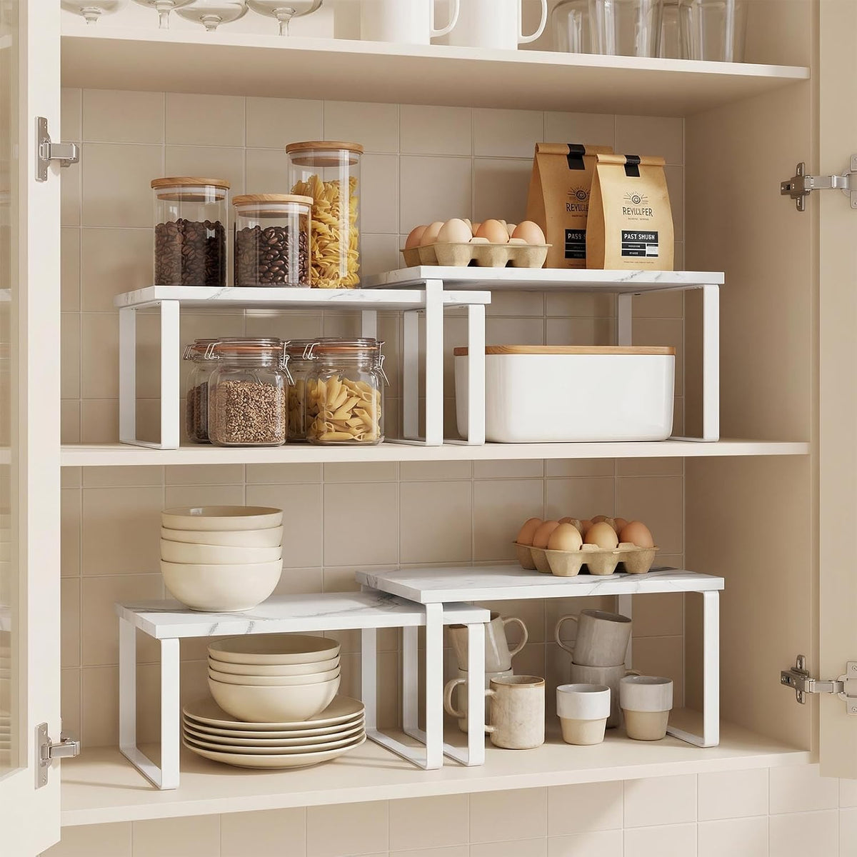 Set of 4 Kitchen Counter Shelves Stackable Shelf Organizer Wood Countertop Shelves Expandable Cabinet Shelf Organizers Countertop Storage Rack for Pantry, Industrial Black