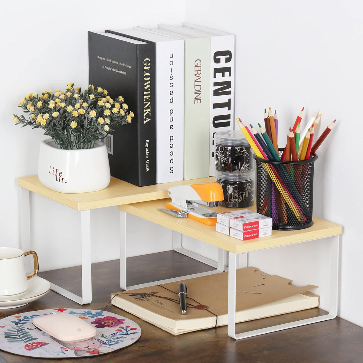 Set of 4 Kitchen Counter Shelves Stackable Shelf Organizer Wood Countertop Shelves Expandable Cabinet Shelf Organizers Countertop Storage Rack for Pantry, Industrial Black