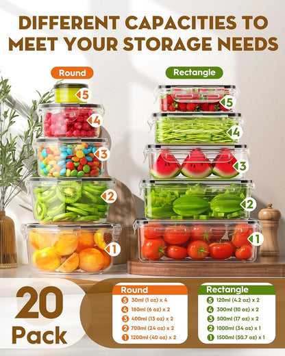 40 PCS Food Storage Containers with Lids, Microwave/Dishwasher Safe | Airtight, BPA-free, Stackable, Meal Prep, Leakproof, Assorted Sizes, Labels & Pen, Reusable Plastic