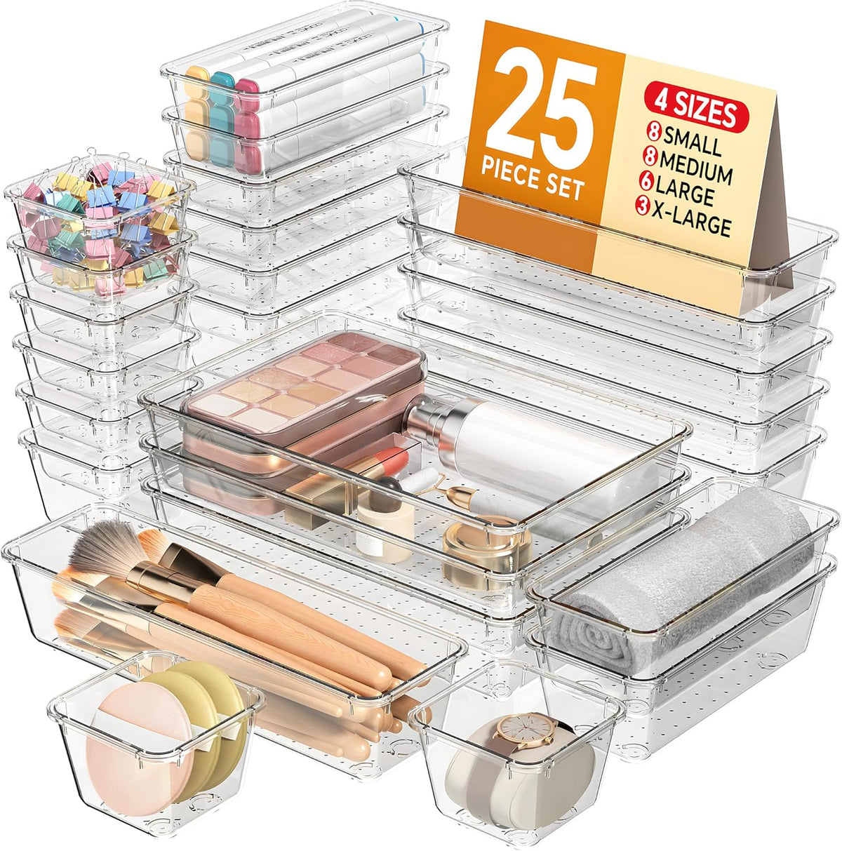 KEMETHY 25 PCS Plastic Drawer Organizers Set, 4 Sizes Vanity Organizer