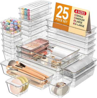 KEMETHY 25 PCS Plastic Drawer Organizers Set, 4 Sizes Vanity Organizer
