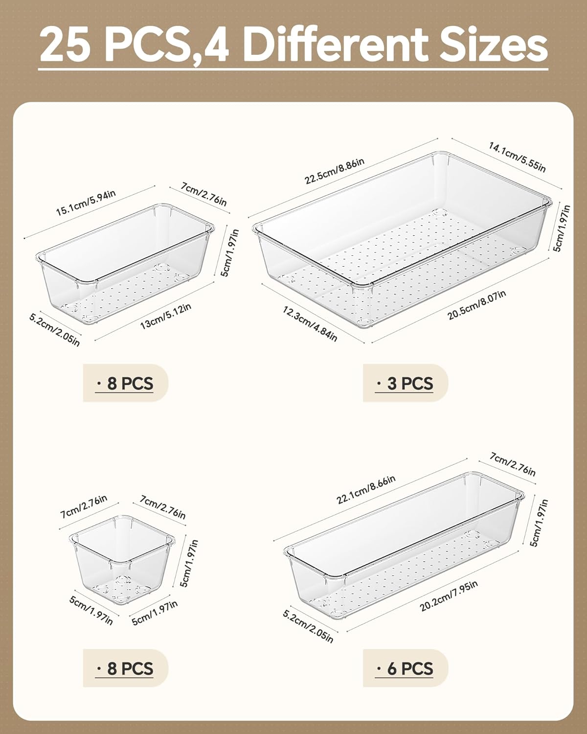 KEMETHY 25 PCS Plastic Drawer Organizers Set, 4 Sizes Vanity Organizer