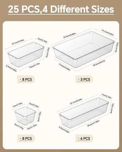 KEMETHY 25 PCS Plastic Drawer Organizers Set, 4 Sizes Vanity Organizer
