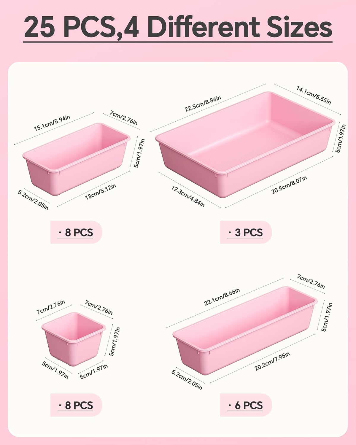 KEMETHY 25 PCS Plastic Drawer Organizers Set, 4 Sizes Vanity Organizer