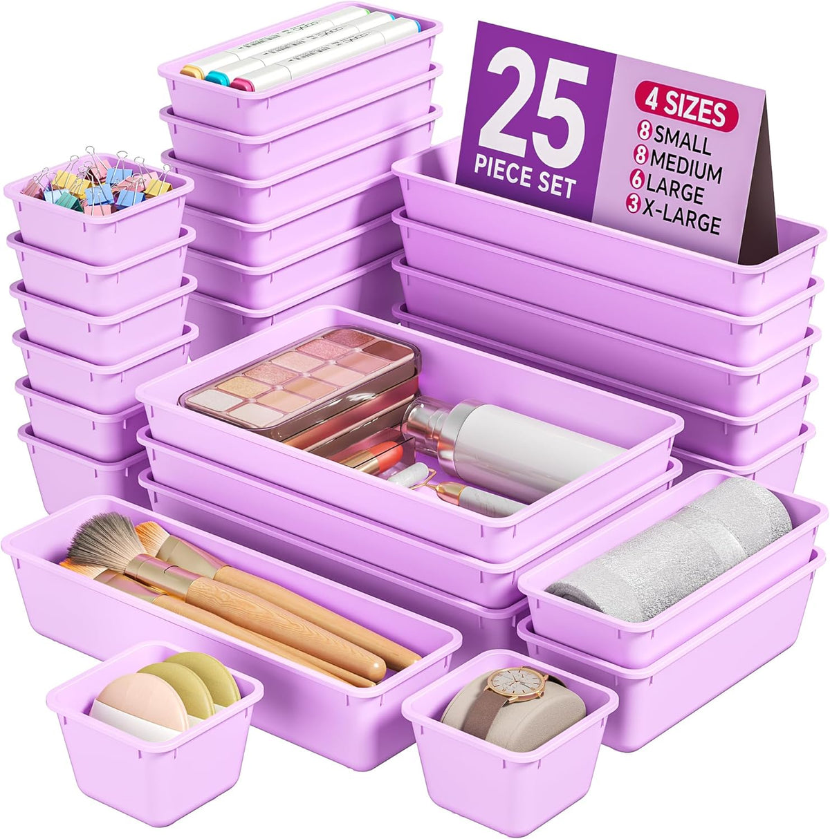KEMETHY 25 PCS Plastic Drawer Organizers Set, 4 Sizes Vanity Organizer