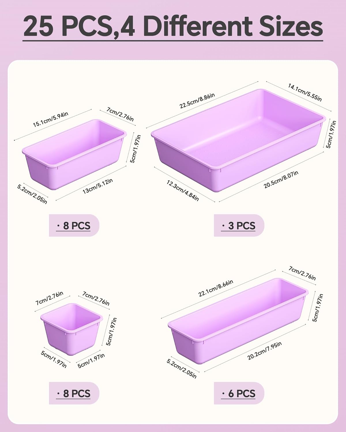 KEMETHY 25 PCS Plastic Drawer Organizers Set, 4 Sizes Vanity Organizer