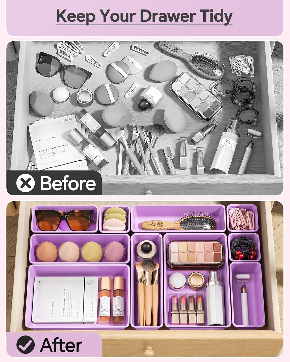 KEMETHY 25 PCS Plastic Drawer Organizers Set, 4 Sizes Vanity Organizer