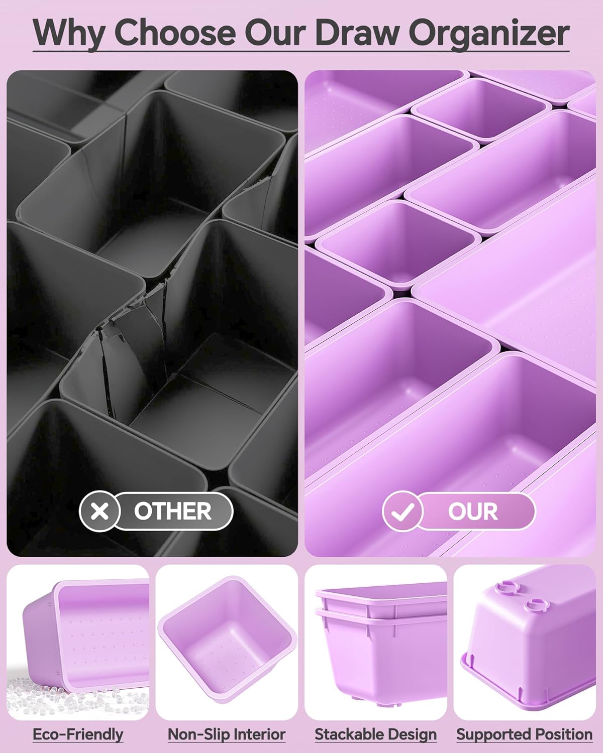 KEMETHY 25 PCS Plastic Drawer Organizers Set, 4 Sizes Vanity Organizer