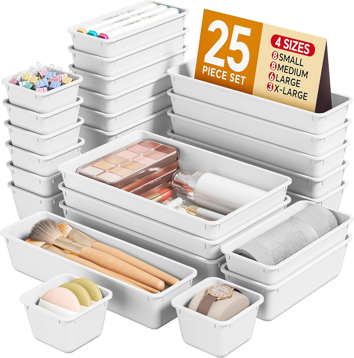 KEMETHY 25 PCS Plastic Drawer Organizers Set, 4 Sizes Vanity Organizer