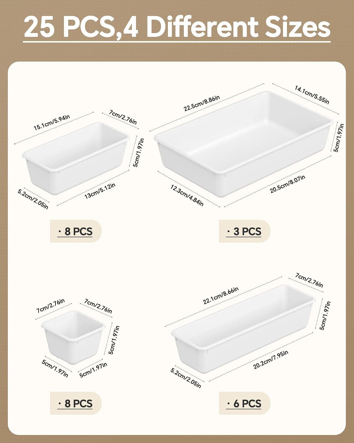 KEMETHY 25 PCS Plastic Drawer Organizers Set, 4 Sizes Vanity Organizer