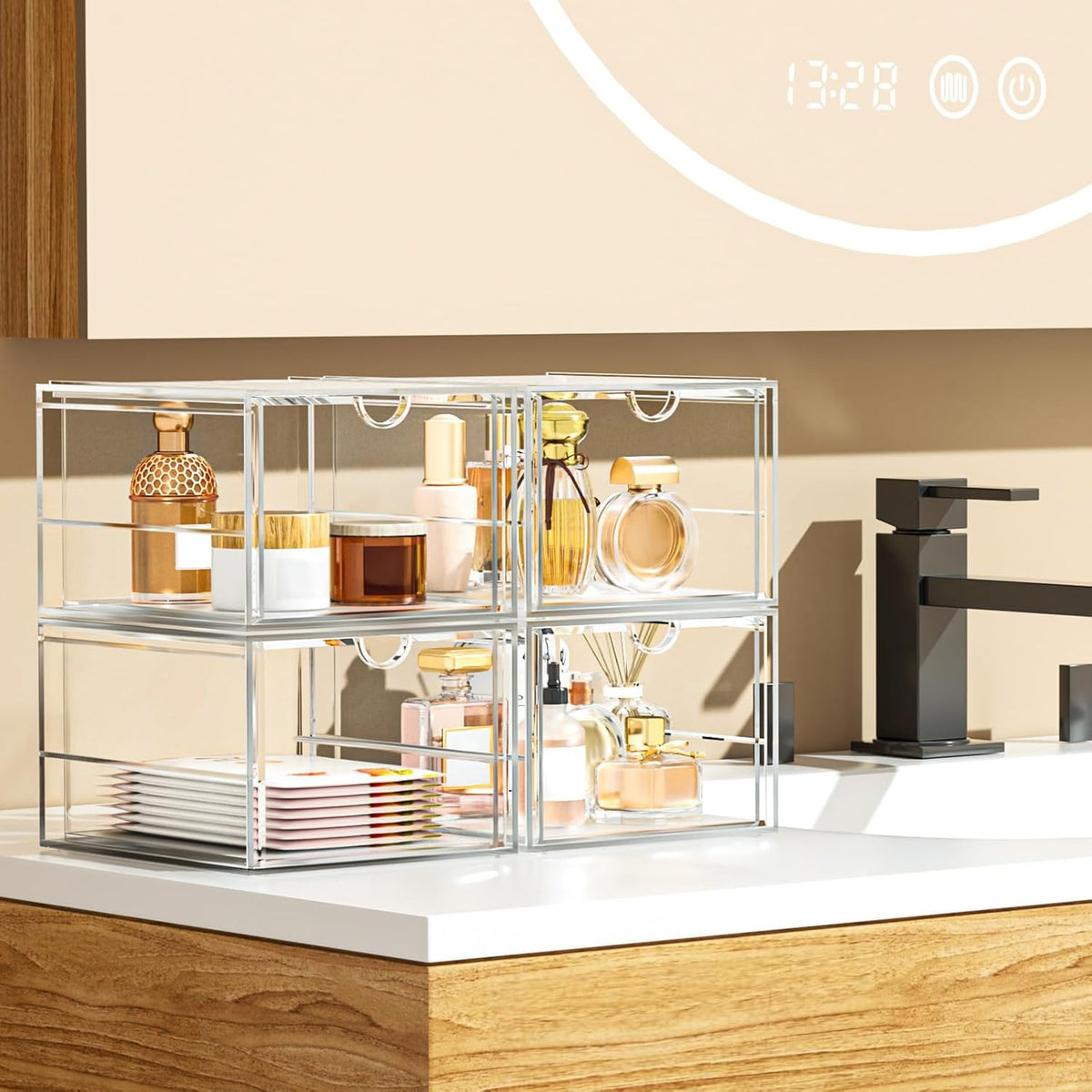 caktraie 4-Pack Acrylic 16-Drawer Storage & Makeup Organizer for Desk | Smooth-glide drawers, clear acrylic, stackable, dustproof, wipe clean, for office supplies, pens, jewelry, makeup