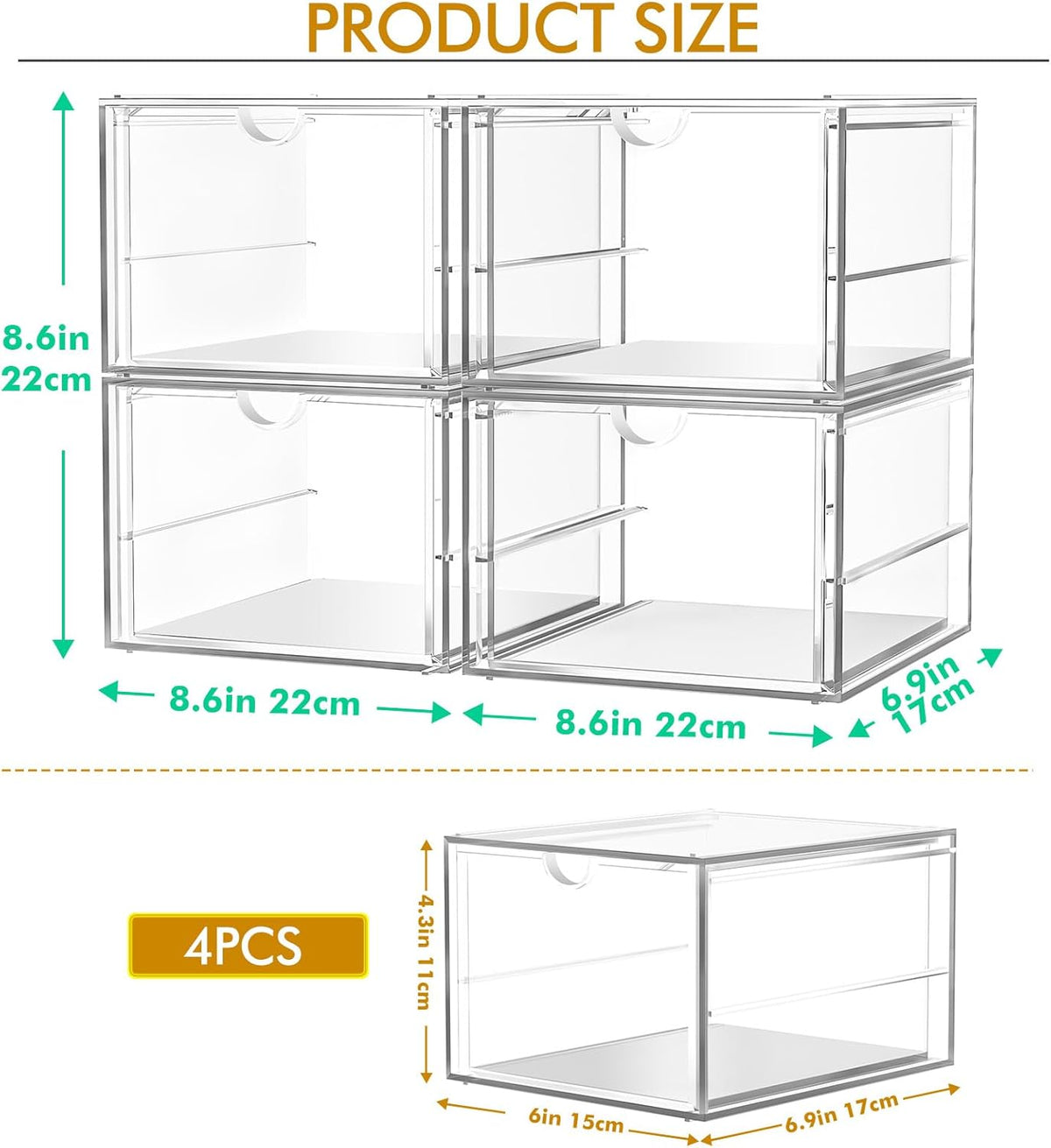 caktraie 4-Pack Acrylic 16-Drawer Storage & Makeup Organizer for Desk | Smooth-glide drawers, clear acrylic, stackable, dustproof, wipe clean, for office supplies, pens, jewelry, makeup