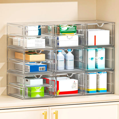 caktraie 4-Pack Acrylic 16-Drawer Storage & Makeup Organizer for Desk | Smooth-glide drawers, clear acrylic, stackable, dustproof, wipe clean, for office supplies, pens, jewelry, makeup