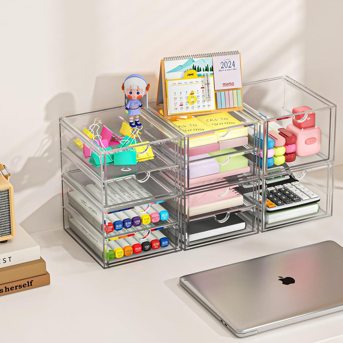 caktraie 4-Pack Acrylic 16-Drawer Storage & Makeup Organizer for Desk | Smooth-glide drawers, clear acrylic, stackable, dustproof, wipe clean, for office supplies, pens, jewelry, makeup
