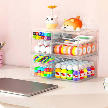 caktraie 4-Pack Acrylic 16-Drawer Storage & Makeup Organizer for Desk | Smooth-glide drawers, clear acrylic, stackable, dustproof, wipe clean, for office supplies, pens, jewelry, makeup