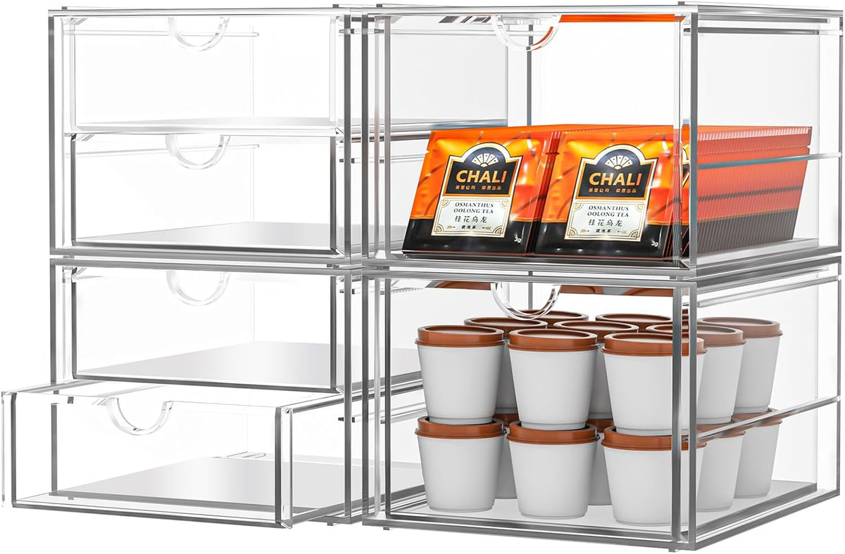 caktraie 4-Pack Acrylic 16-Drawer Storage & Makeup Organizer for Desk | Smooth-glide drawers, clear acrylic, stackable, dustproof, wipe clean, for office supplies, pens, jewelry, makeup