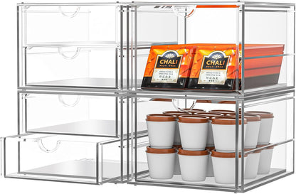 caktraie 4-Pack Acrylic 16-Drawer Storage & Makeup Organizer for Desk | Smooth-glide drawers, clear acrylic, stackable, dustproof, wipe clean, for office supplies, pens, jewelry, makeup