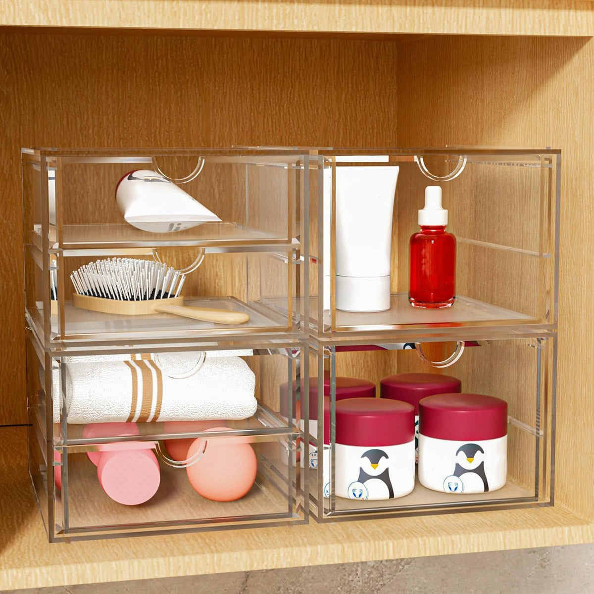 caktraie 4-Pack Acrylic 16-Drawer Storage & Makeup Organizer for Desk | Smooth-glide drawers, clear acrylic, stackable, dustproof, wipe clean, for office supplies, pens, jewelry, makeup